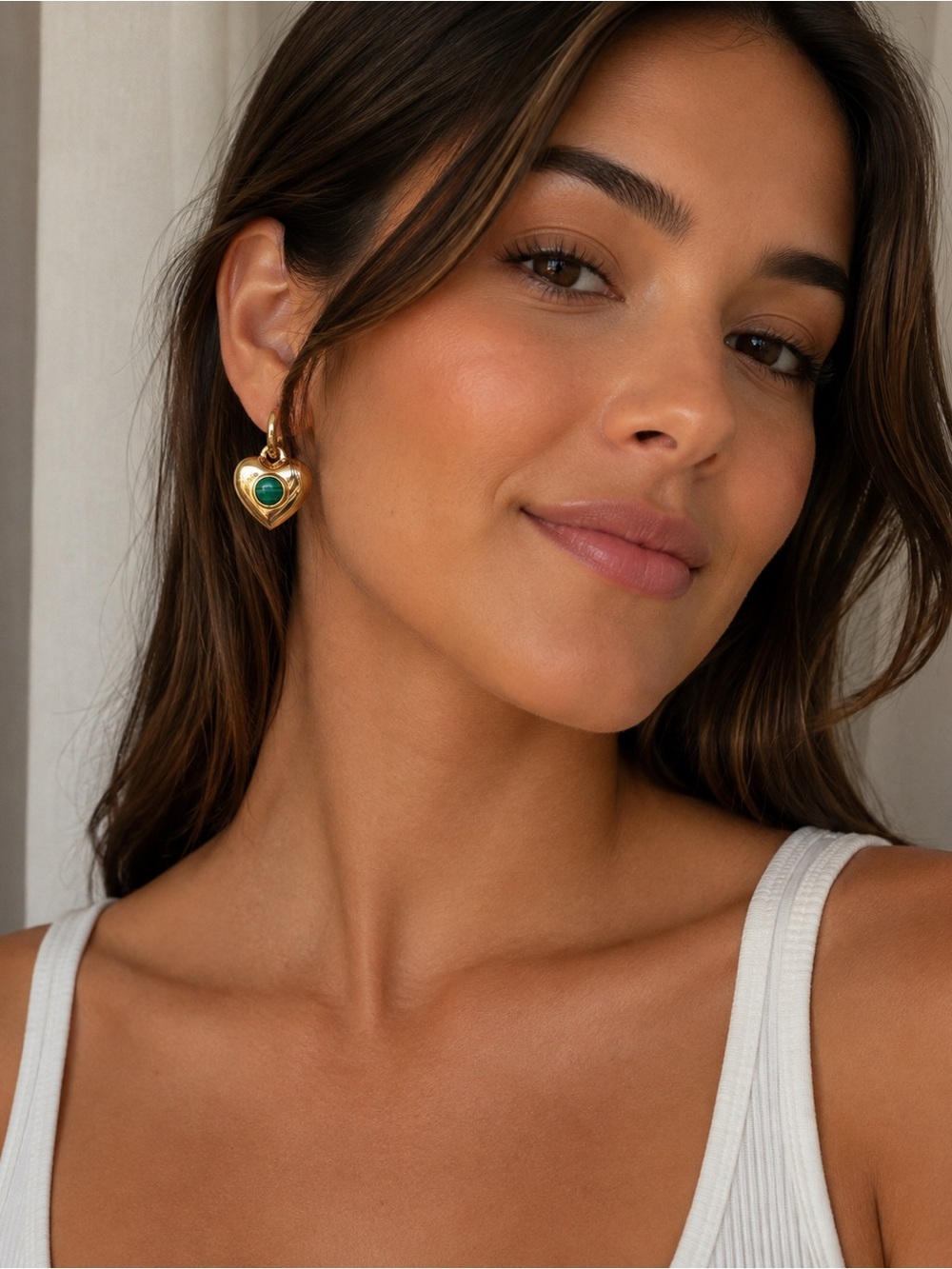 Roxanne Assoulin Gold Heart Hoop Earrings with Green Malachite Center. NEW